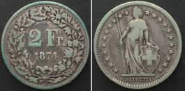 Schweiz EIDGENOSSENSCHAFT 2 Franken 1874 Silber SELTEN!