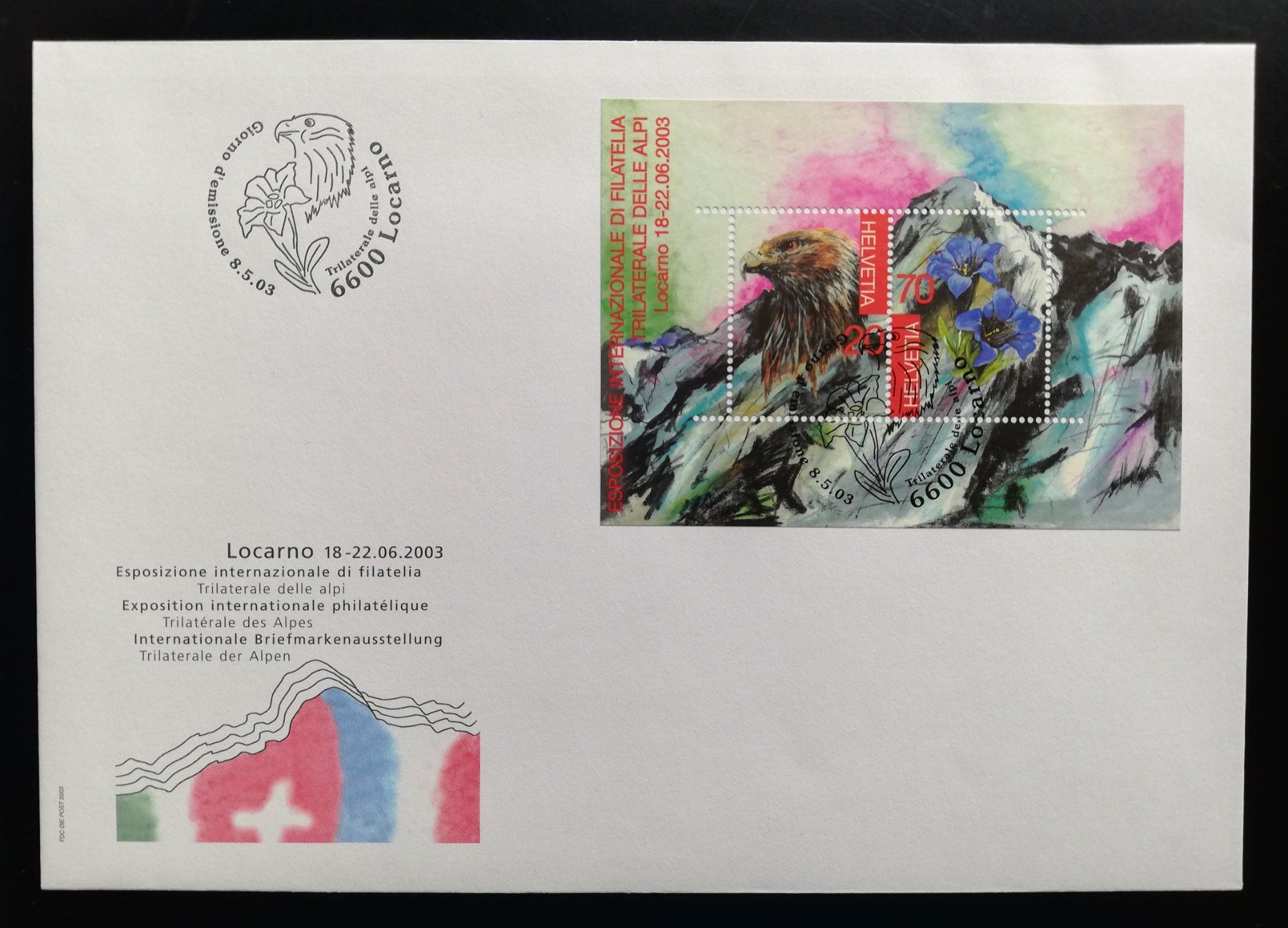 Tutti i francobolli: Schweiz FDC Sonderblock Trilaterale Ticino, 2003 – Usato da Gümligen venduto da Fairseriver