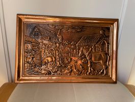 tableau en cuivre repoussé, animaux à la ferme