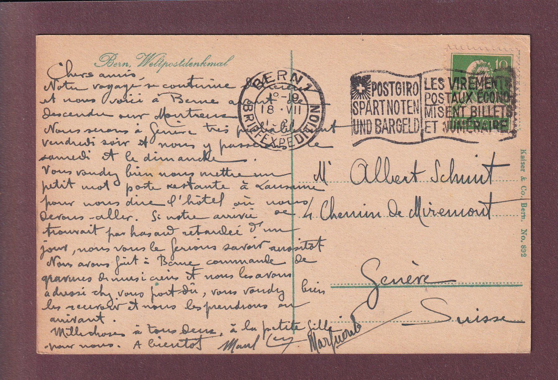 Ansichtskarten: BERN - Welpostdenkmal - 1921 – Gebraucht aus Pully von nicecards 1