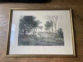 Vintage Bild in Rahmen, Zeichnung mit Natur Motiv