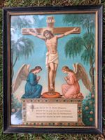 Tableau de la crucifixion, avec anges et prière 44x35cm
