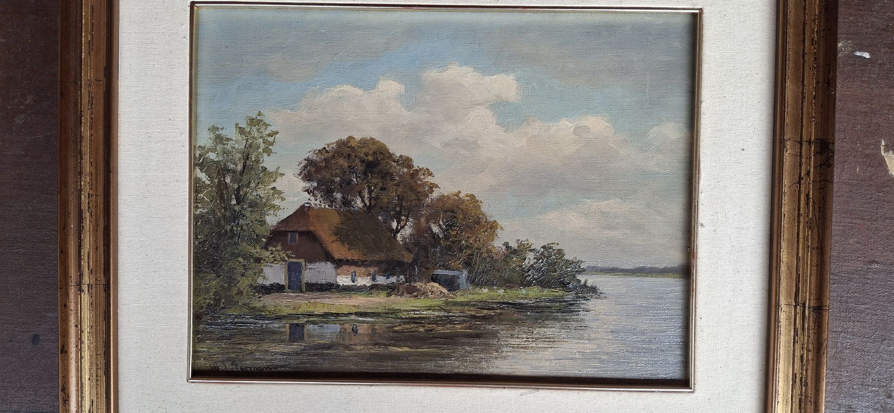Dipinti: Ölgemälde "Haus am See", gerahmt, signiert – Usato da Brienz BE venduto da mondchatz1 1