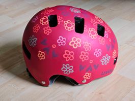 Kinder Velohelm Uvex, pink mit Blumenmuster, 51-55cm