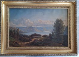 Antikes Ölgemälde Romantische Alpenlandschaft von 1859