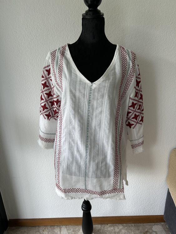 Chemisier Brodé Blanc Et Vert - Taille M - Manches 3/4 - Viscose - Style Plage/holiday