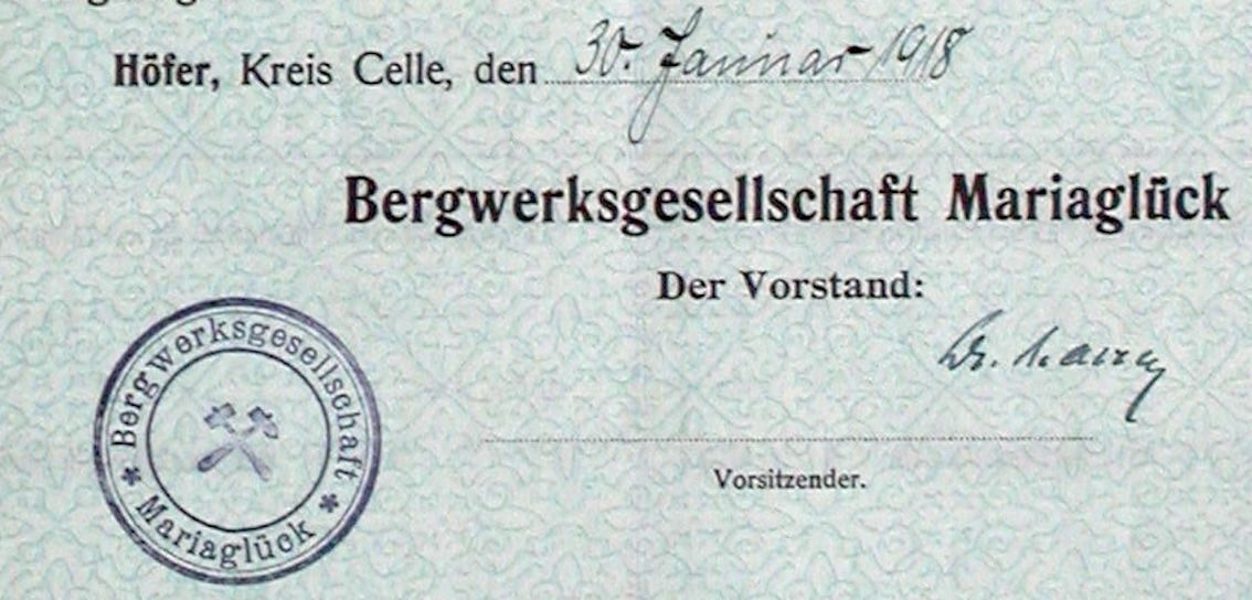 Documenti: Bergwerksgesellschaft Mariaglück, Höfer, Celle - 1918 – Usato da Solothurn venduto da Sgasche 1