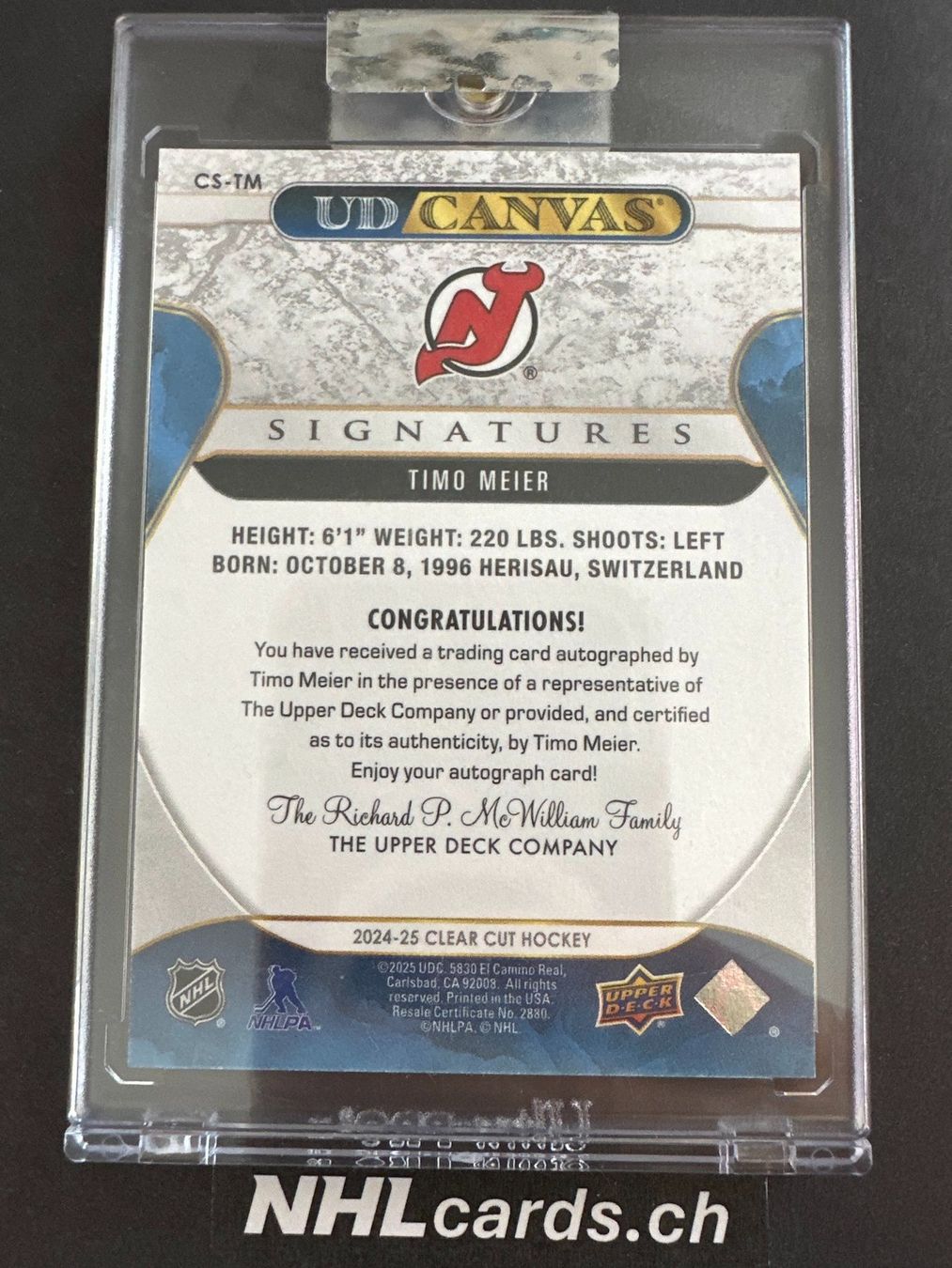 NHL Carte collezionabili: Timo Meier NHL Clear Cut Canvas Auto Card – Usato da Belp venduto da nhlcards.ch 1