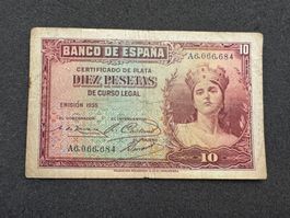 10 Pesetas Spanien Banknote 1935