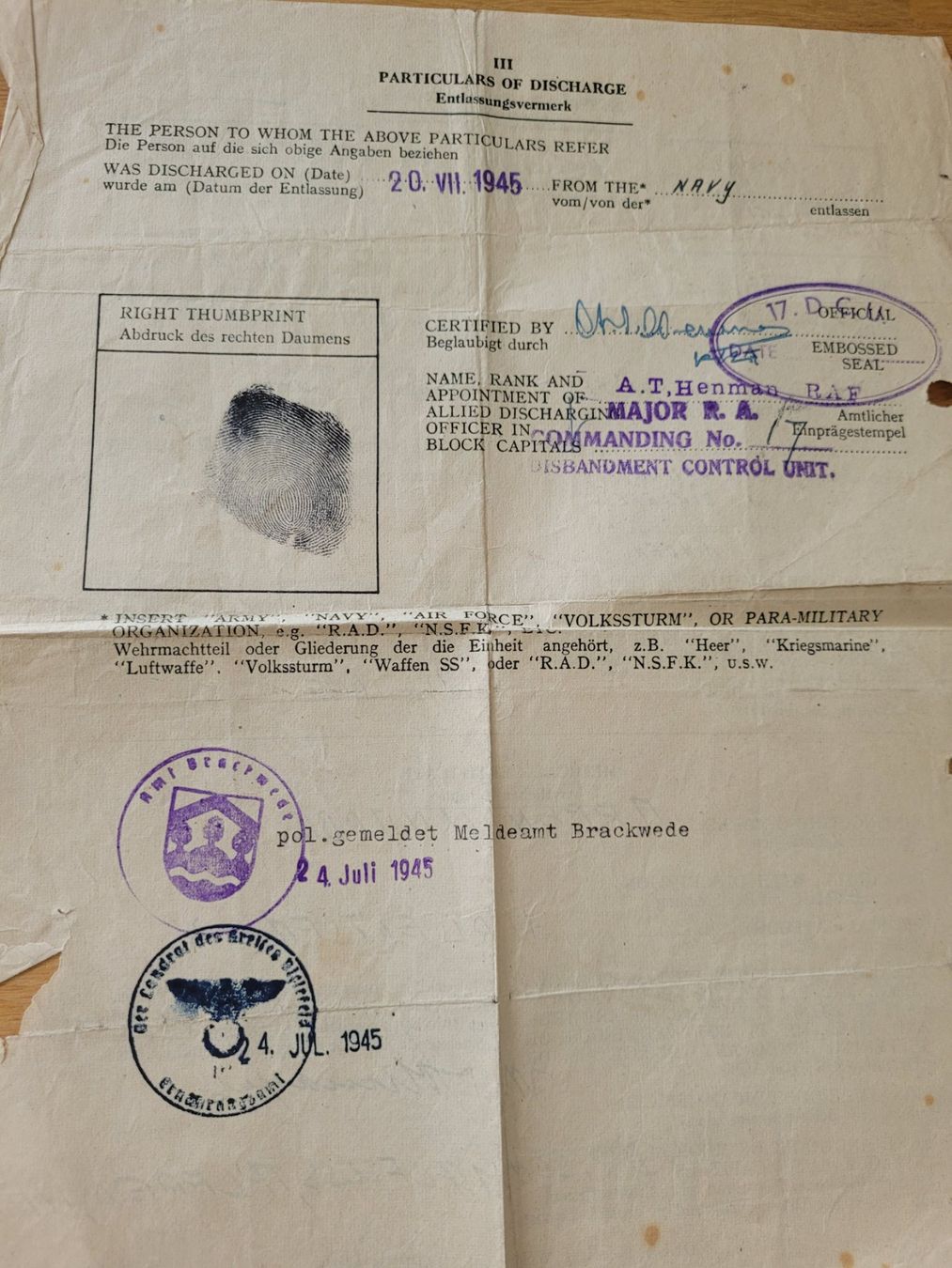 Armi bianche: Nachkrieg Gefangenen Dokumente, WW2 – Usato da Kriens venduto da KTP 3