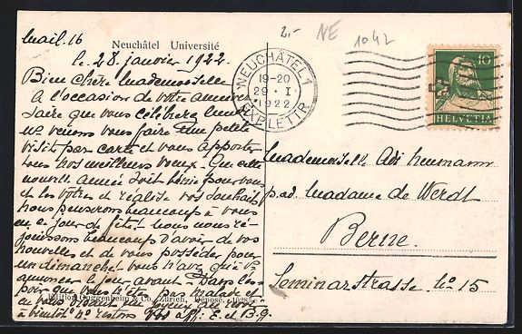 Ansichtskarten: AK Neuchâtel, Universit, 1922 – Gebraucht aus Berlin von bartko-reher 1