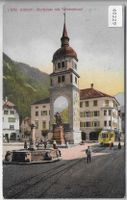 Altdorf - Dorfplatz mit Telldenkmal und Tram - Litho