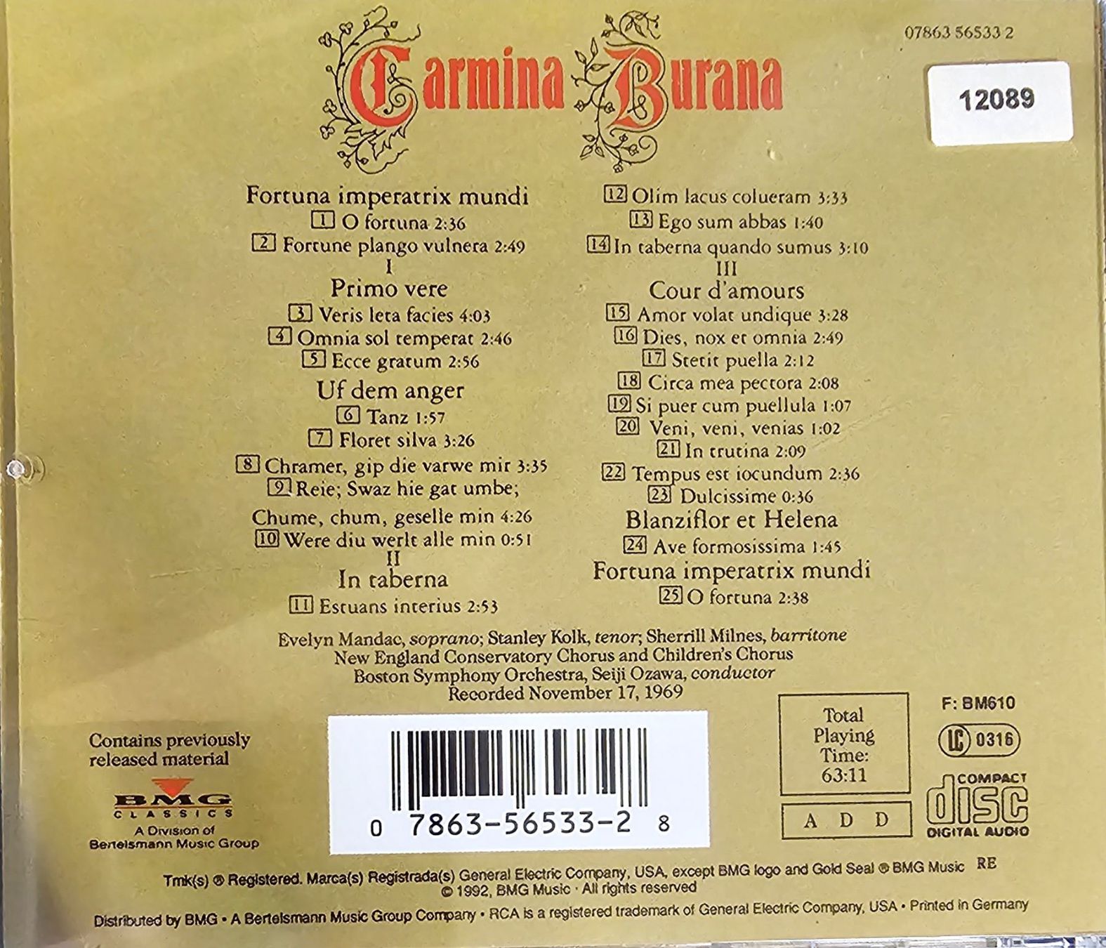 CD: Orff, Boston Symphony Orchestra - Carmina Burana – Usato da Wahlen b. Laufen venduto da Cg10 1