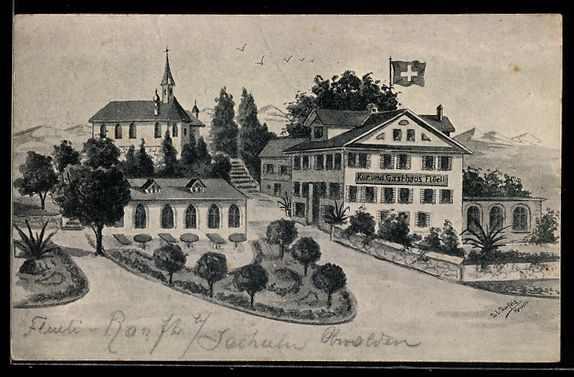 Cartoline postali: Flüeli, Kur- und Gasthaus mit Kirche – Usato da Berlin venduto da bartko-reher