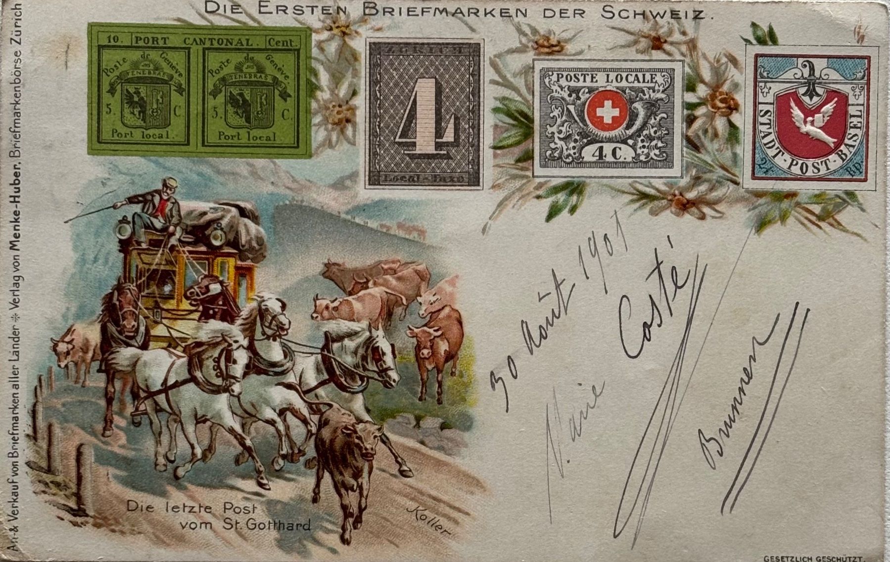 Cartoline postali: Gotthard, Pferdepost, Pferdekutsche, Briefmarken, Litho – Usato da Frauenfeld venduto da Merk52