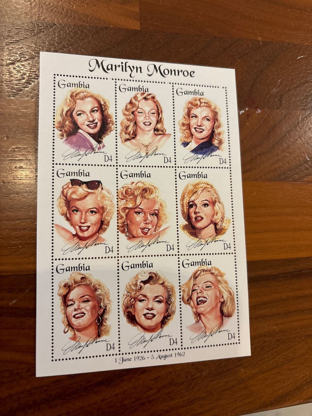 Tutti i francobolli: Marilyn Monroe Briefmarken Gambia 1996 D4 – Nuovo e nell'imballaggio originale da Zürich venduto da engebrunau