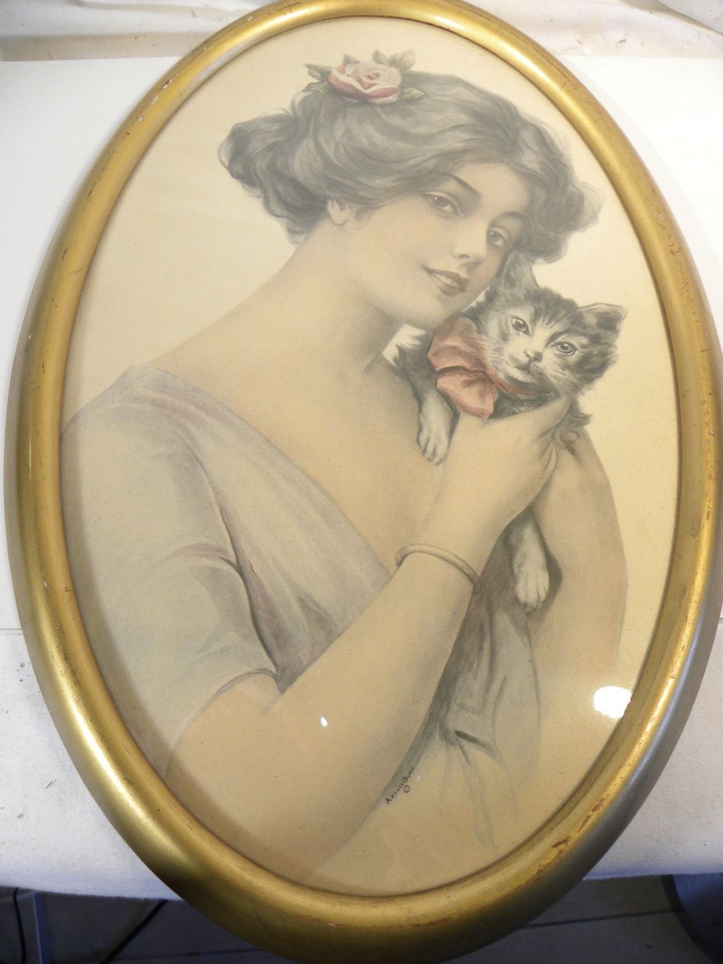 Grafica & Litografie: Archie Gunn 1912 "Frau mit Katze" – Usato da Reinach venduto da Cargill 2