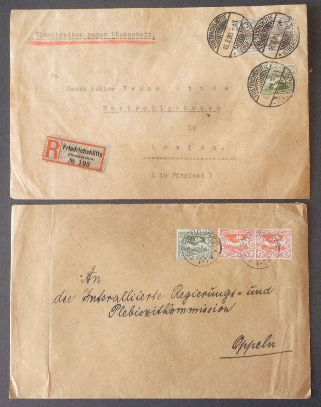 Tutti i francobolli: OBERSCHLESIEN 1920/21: 2 Poststücke – Usato da Le Locle venduto da timbrettino