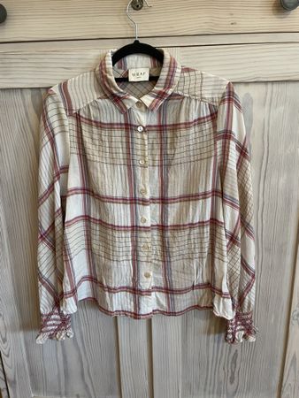 Zarte Bluse, Wrap London, beige-kariert, 34-38, Wollmisch
