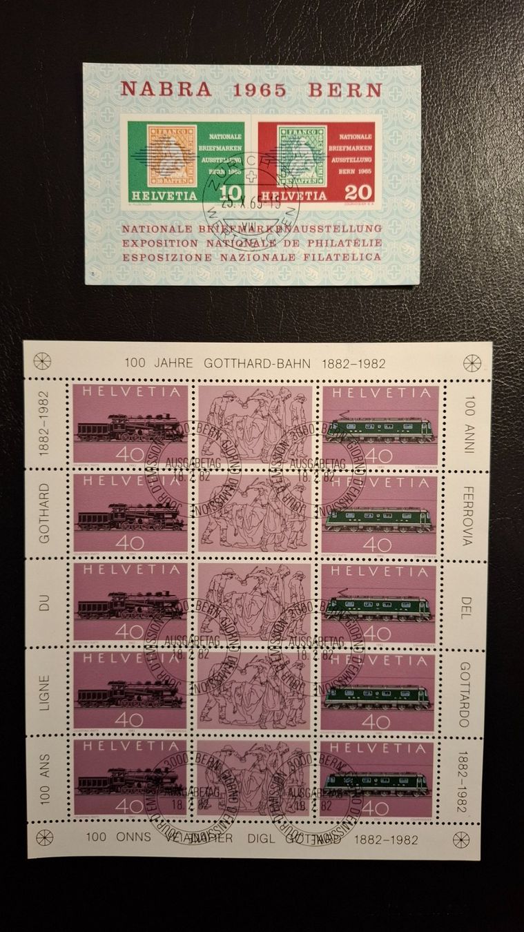 Tutti i francobolli: 2 Sonderblöcke Nabra 1965 & Gotthardbahn 1982 – Usato da Steinmaur venduto da profitec01
