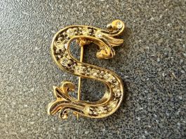 Vintage-Brosche mit Initiale S goldfarben mit Strass.