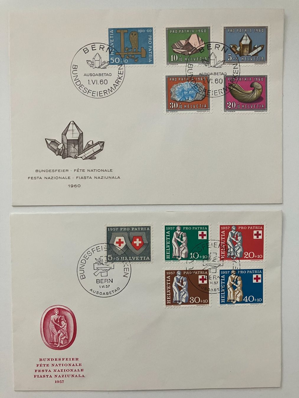 Tutti i francobolli: Pro Patria 1957+1960, 2 FDCs, KP 100.-- – Usato da Würenlos venduto da Eulenpostuhu