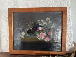 Antikes Ölgemälde Blumenstillleben – Edelholzrahmen