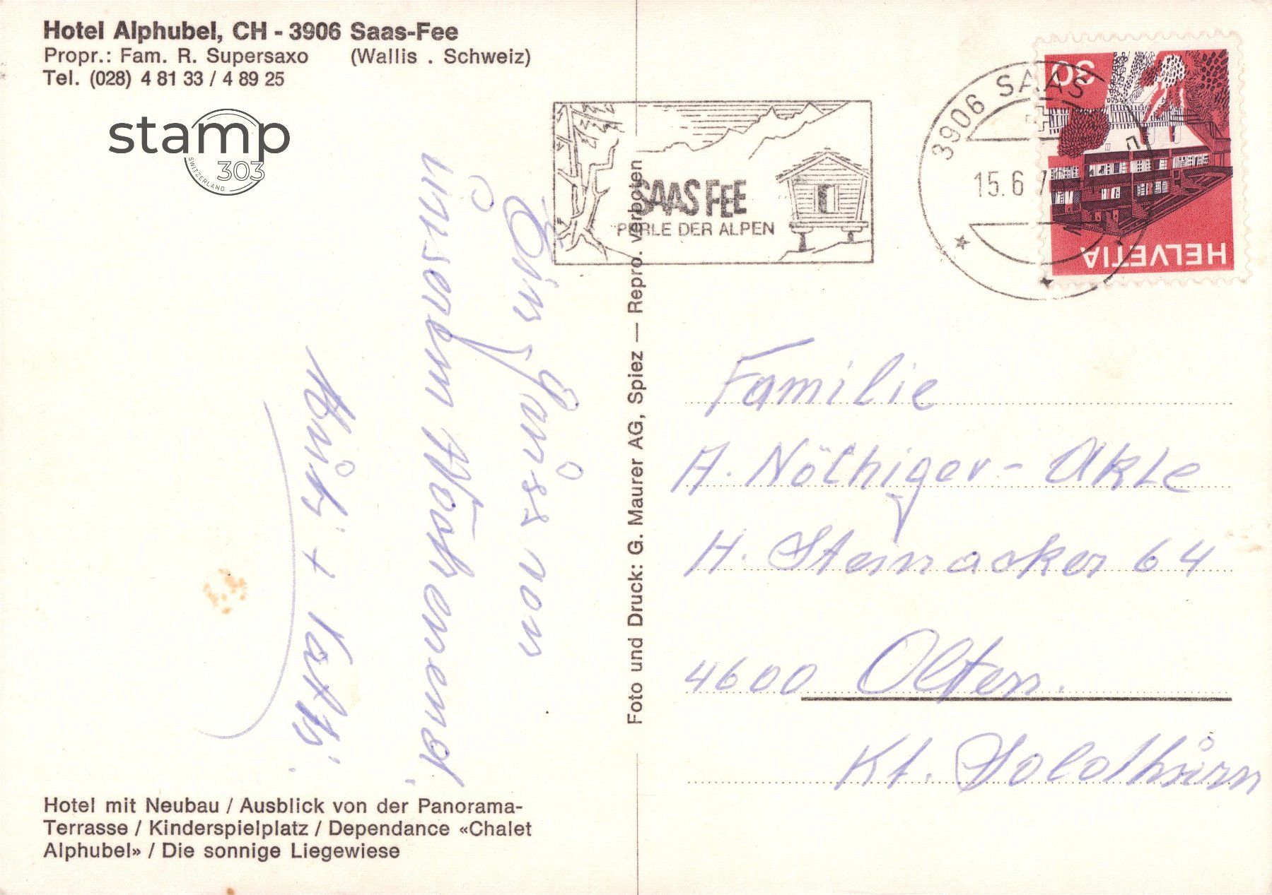 Cartoline postali: AK Saas Fee _ Hotel Alphubel – Usato da Eggersriet venduto da stamp303 1