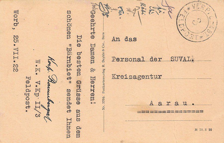 Cartoline postali: Worb, Feldpost 1922 VERPFL.-ABT. 3 – Usato da Frauenfeld venduto da POML 1