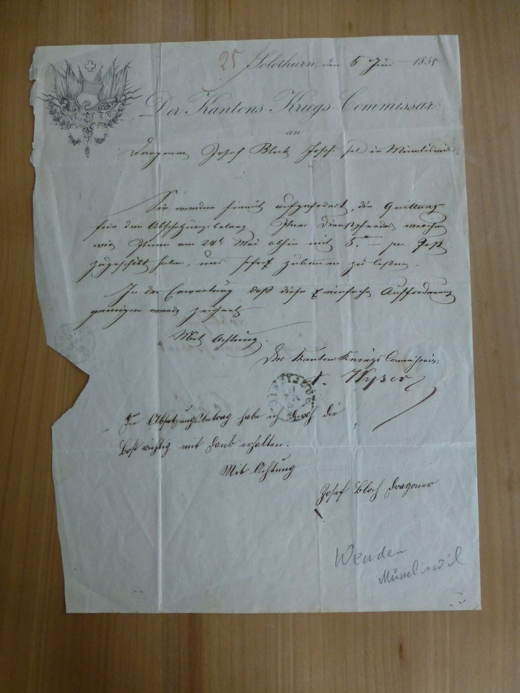 Dokumente: Militär, Solothurn Der Kantons Kriegs Commissar 1855 – Gebraucht aus Bettlach von 1saurer