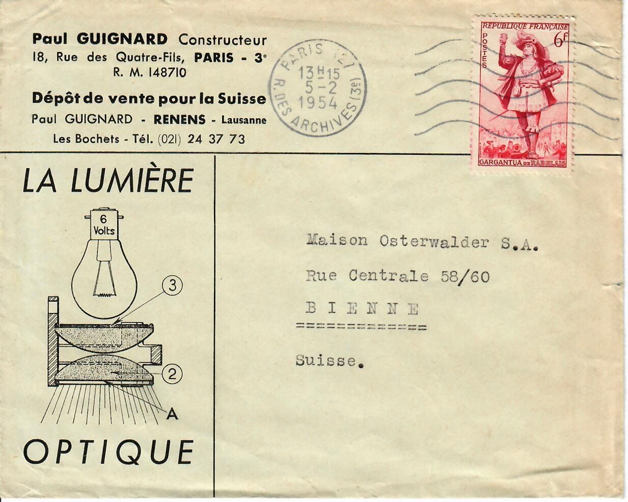 Alle Briefmarken: Brief, Paul Guignard Paris - Biel 1954 – Gebraucht aus Hochdorf von Ziegel-16