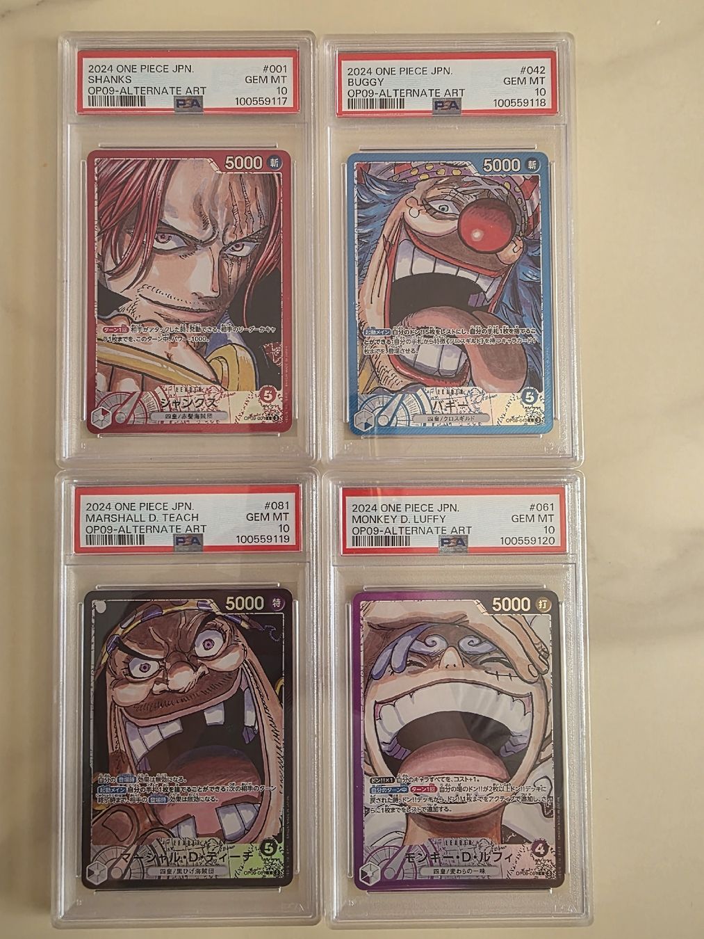 Bandai Carte collezionabili: PSA 10 Luffy Shanks Teach Buggy One piece Emperors – Usato da Zürich venduto da gab_rv62