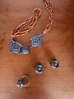 Schmuckset Kette Ohrringe Ring Koralle Silberfarben