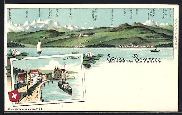 Ansichtskarten: Litho Rorschach, Uferpartie mit Dampfer  – Gebraucht aus Berlin von bartko-reher