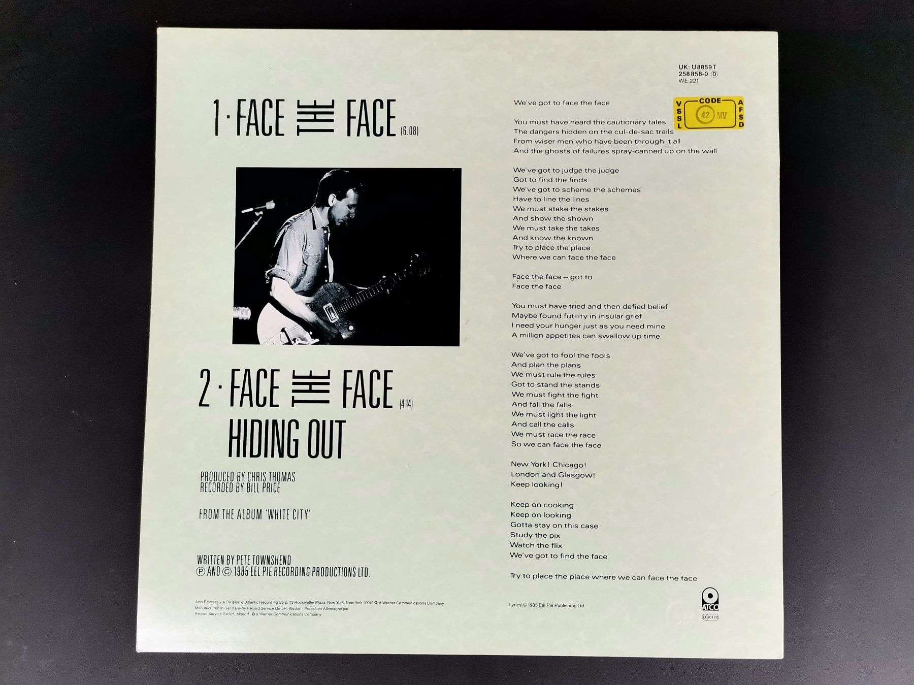 Dischi in vinile: SCHALLPLATTE Single Pete Townshend Face the Face – Usato da Schaffhausen venduto da Restwert_SH 1