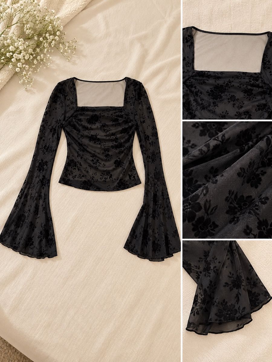 Shein Top: Black Mesh Long Sleeve Top Floral Pattern  – Usato da Wädenswil venduto da BebaGlow