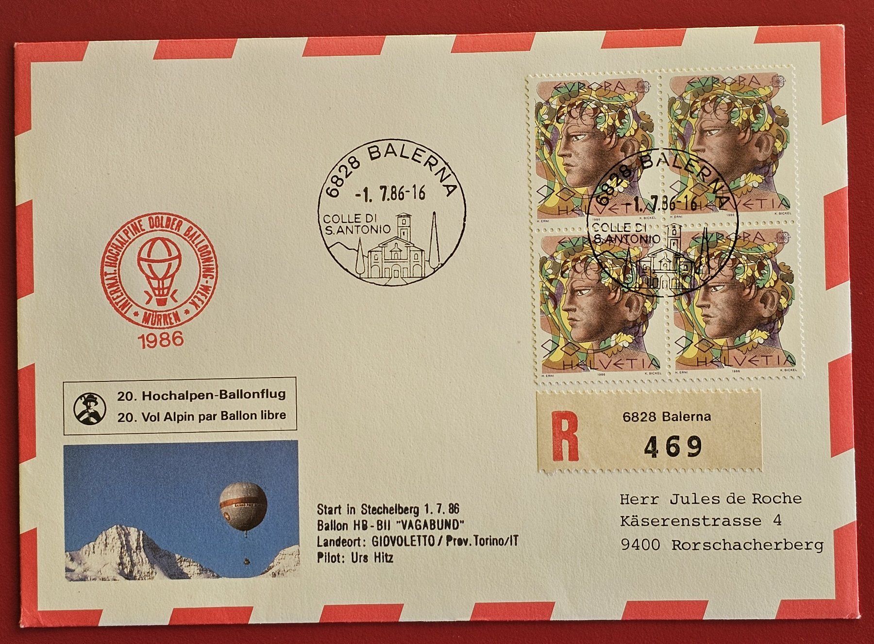Alle Briefmarken: BALERNA TICINO BALLON FLUGPOST HANS ERNI RORSCHACH 1986 – Gebraucht aus Düdingen von Quartierstrasse
