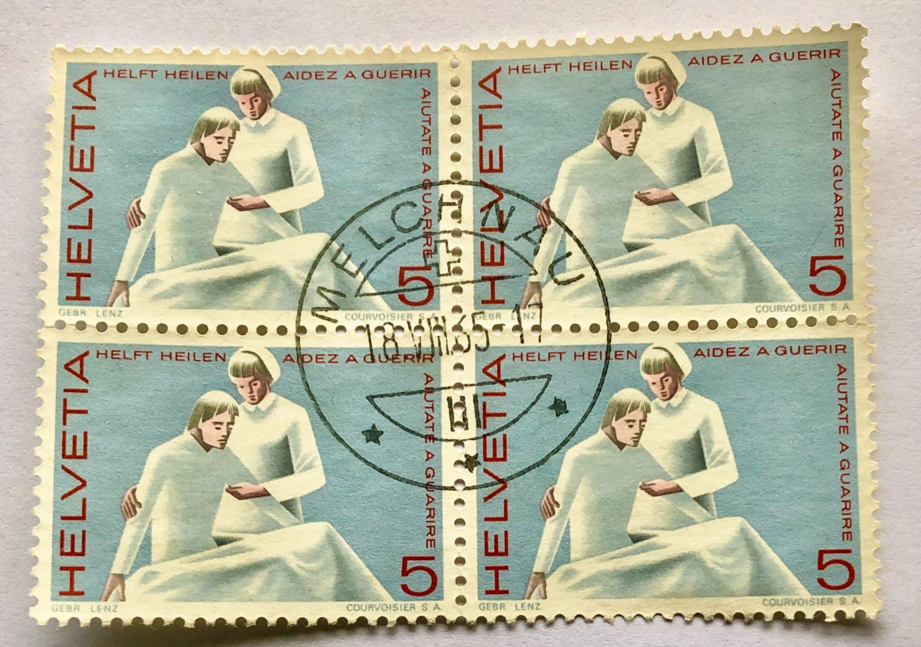 Tutti i francobolli: 4er Block Nr.428 Stempelt  Melchnau 1965    – Usato da Aarau venduto da Billa007