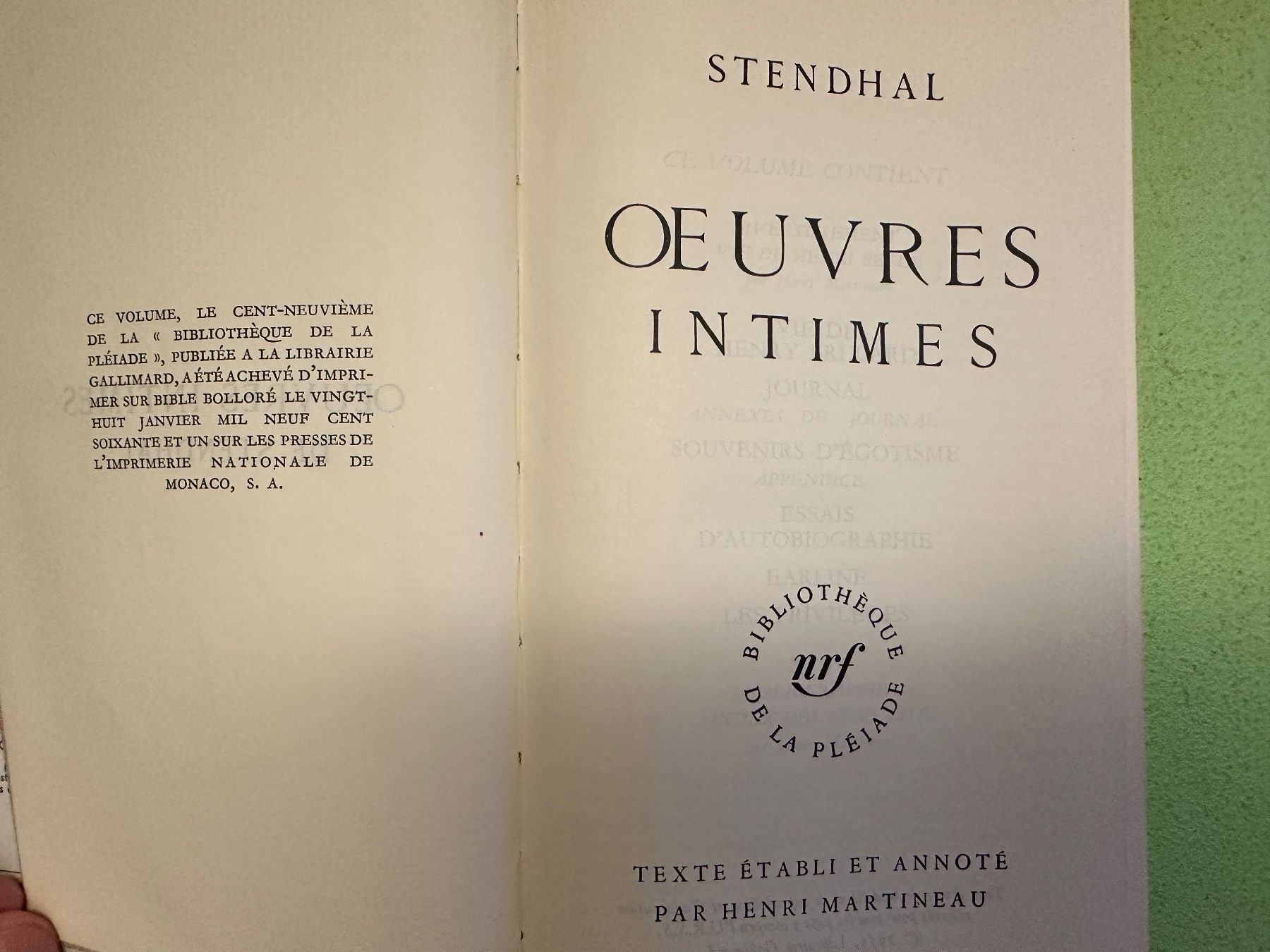 Libri: Stendhal: Oeuvres intimes. – Usato da Zürich venduto da allp 2