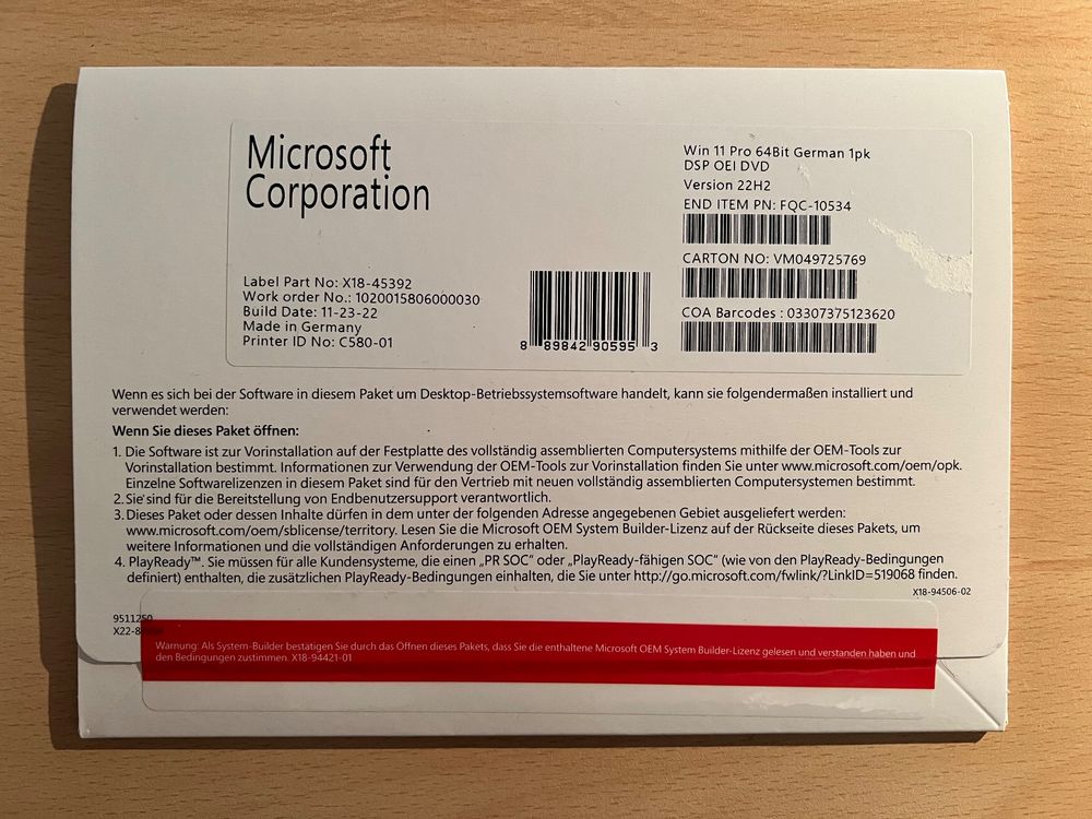 Microsoft Win 11 Pro 64Bit German 1pk (Neu und originalverpackt) in ...