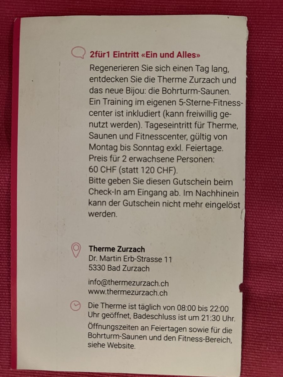 2 für 1 Therme Zurzach Eintritt gültig bis 2025! (Neu und ...