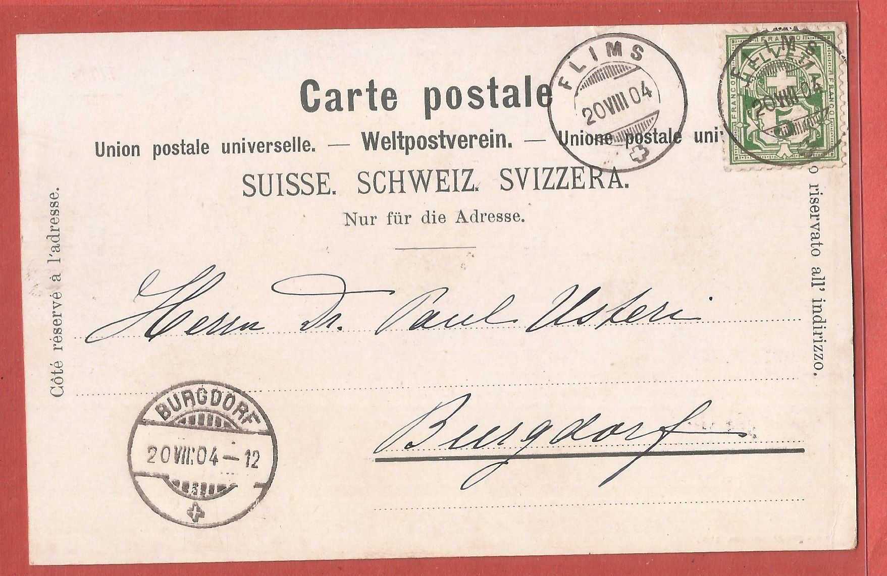 Ansichtskarten: Flims - Verlag Simon Tanner, Samedan - 1904 – Gebraucht aus Fislisbach von Porano 1
