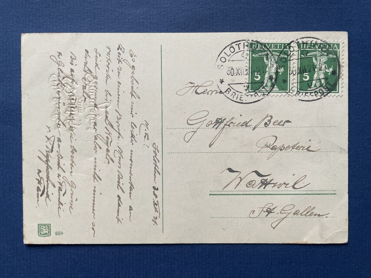 Cartoline postali: Alte Weihnachtskarte, Mädchen mit Schirm im Schnee 1921 – Usato da Neuhausen am Rheinfall venduto da Arielle55 1