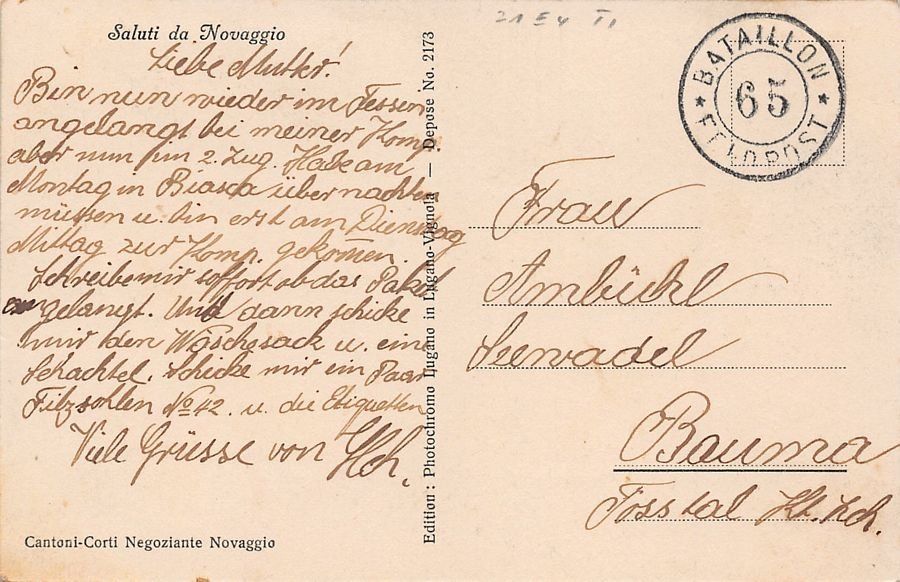 Cartoline postali: Saluti da Novaggio, Feldpost BATAILLON 65 – Usato da Frauenfeld venduto da POML 1