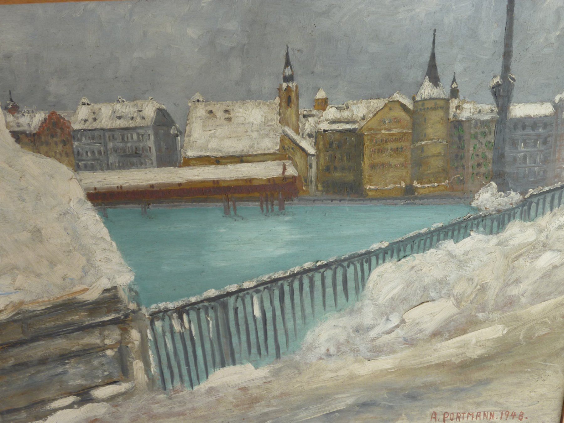 Dipinti: A. Portmann: Luzerner Stadtansicht im Winter – Usato da Egg b. Zürich venduto da MissMarple2 1