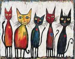 Gemälde auf Leinwand: Bunte stilisierte Katzen. Handgemalt