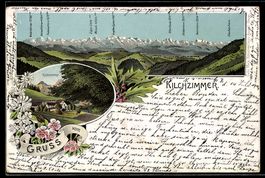 Lithographie Kilchzimmer, Panorama mit Bergen Eiger, Mönch, 