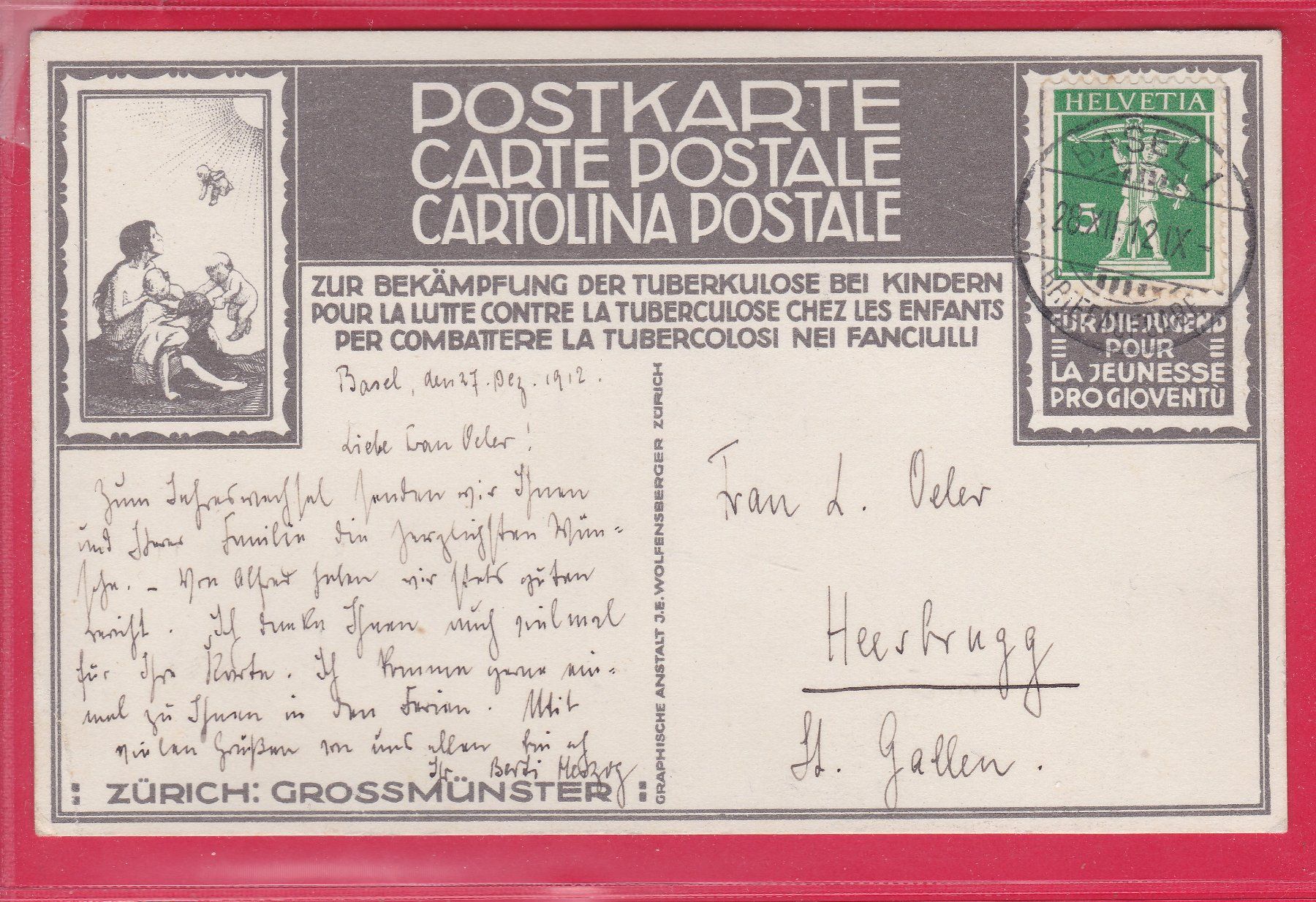 Cartoline postali: ZUR BEKÄMPFUNG DER TUBERKULOSE BEI KINDERN, 28.12.1912 – Usato da Oberrieden venduto da Gebirgsstelze 1
