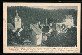 AK Valangin, Ortspartie mit Kirche, 1900