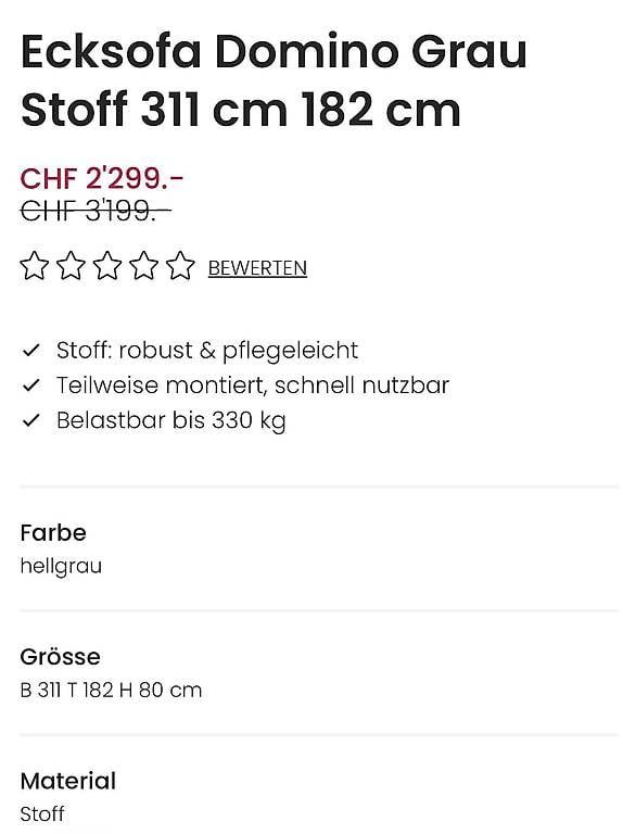 Livique Divani: Grosses Ecksofa hellgrau 311×182 cm  NP CHF 2299 – Usato da Allschwil venduto da Sam567 3